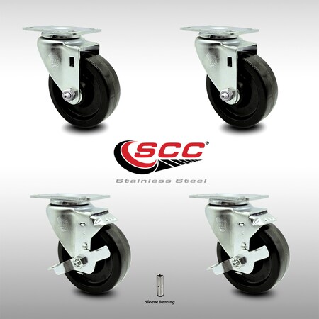 Service Caster 4 Inch SS Phenolic Swivel Top Plate Caster Set with 2 Brakes SCC-SS20S414-PHS-2-TLB-2
